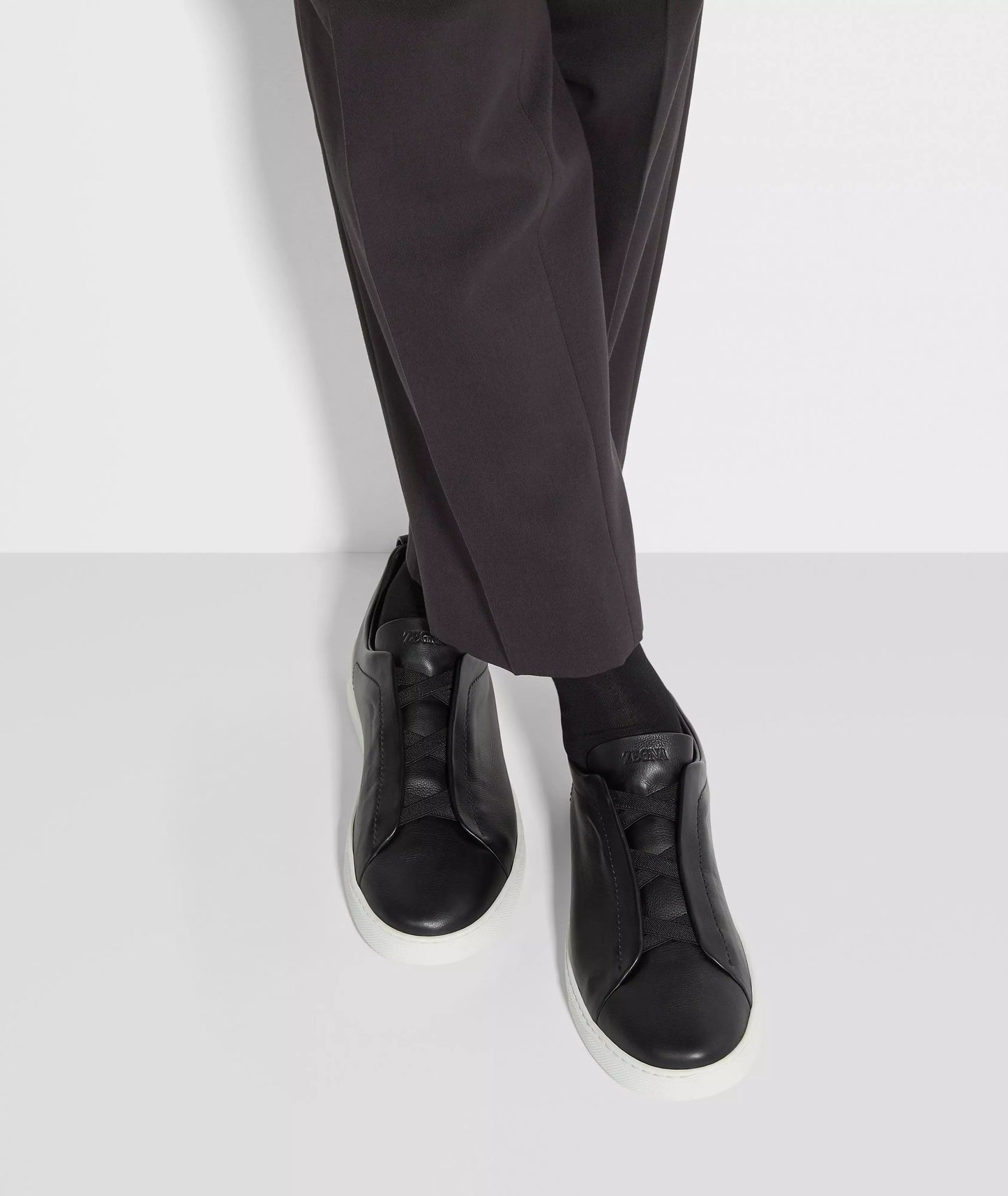 ZEGNA Triple Stitch SECONDSKIN Black Leather Sneakers Mens