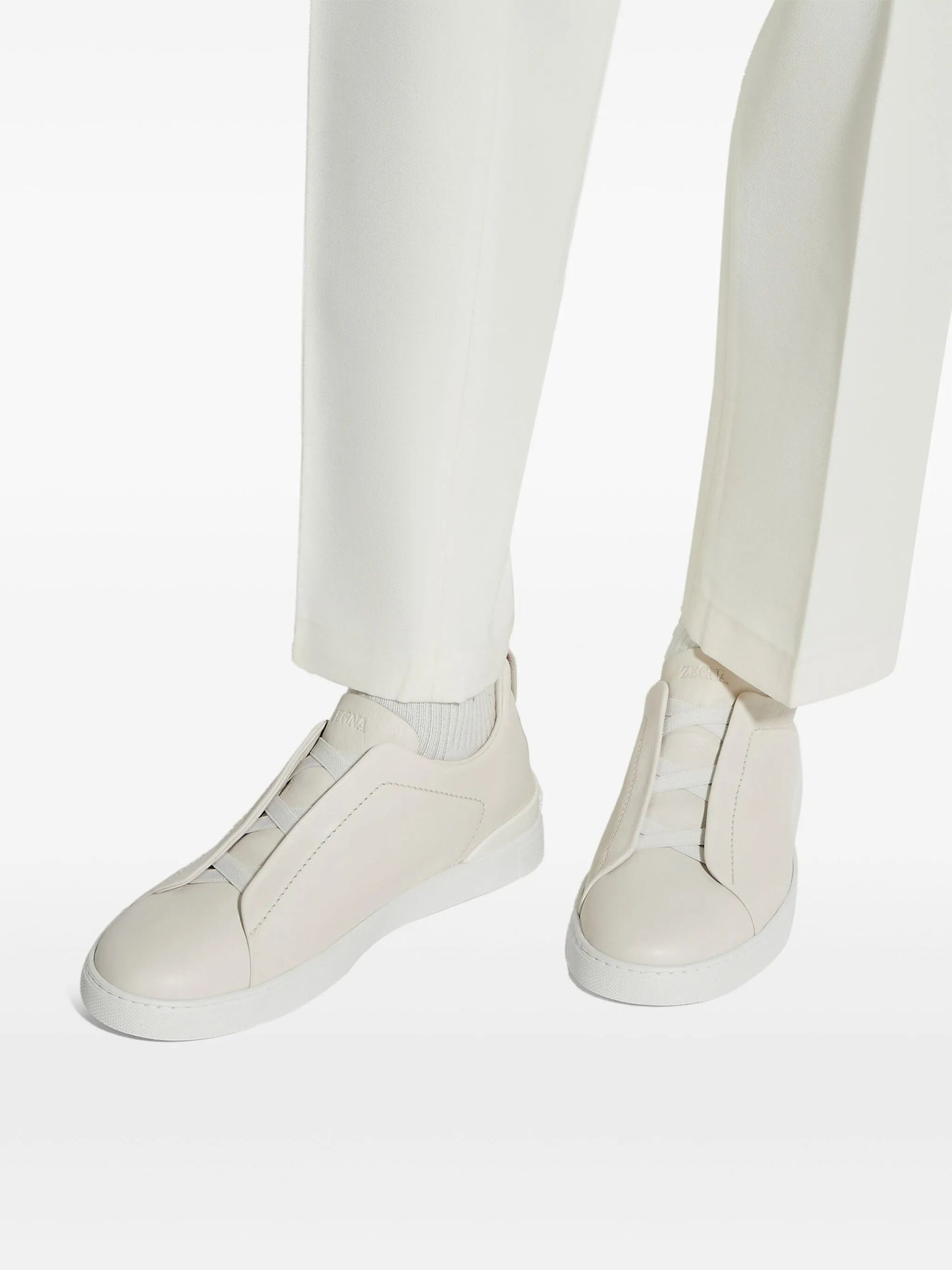 ZEGNA Triple Stitch SECONDSKIN Beige Leather Sneakers Mens
