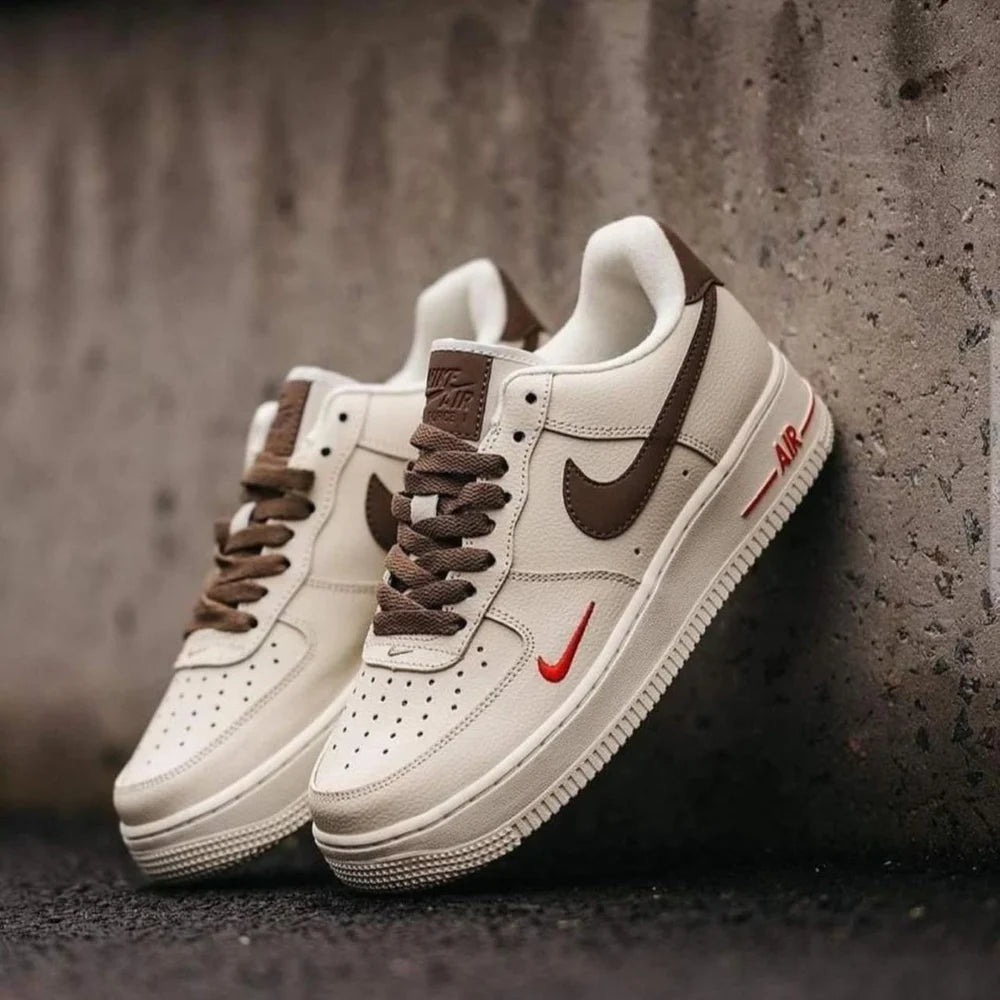 Nike Air Force 1 Milk Coffee Mini Red Swoosh Sneakers